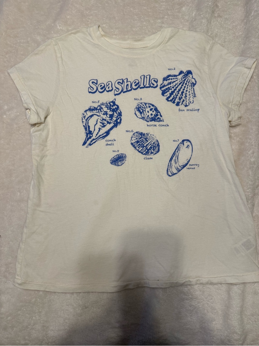 Sea Shells Graphic Tee - White with Blue Print | size medium